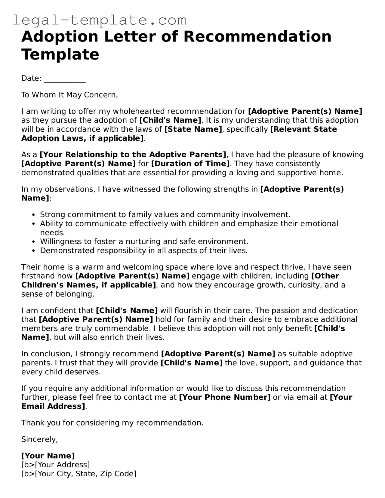 Printable Adoption Letter of Recommendation Template