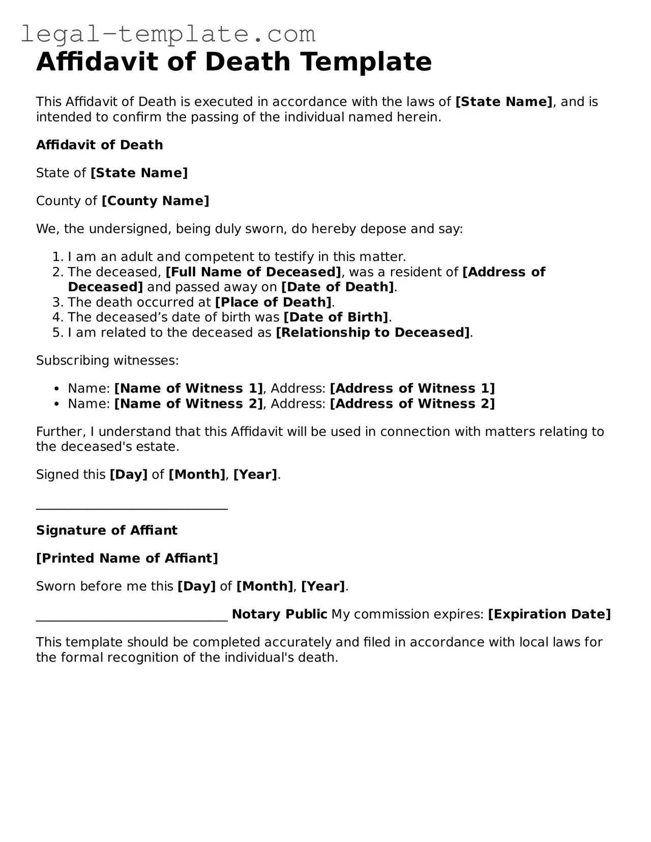 Printable Affidavit of Death Template