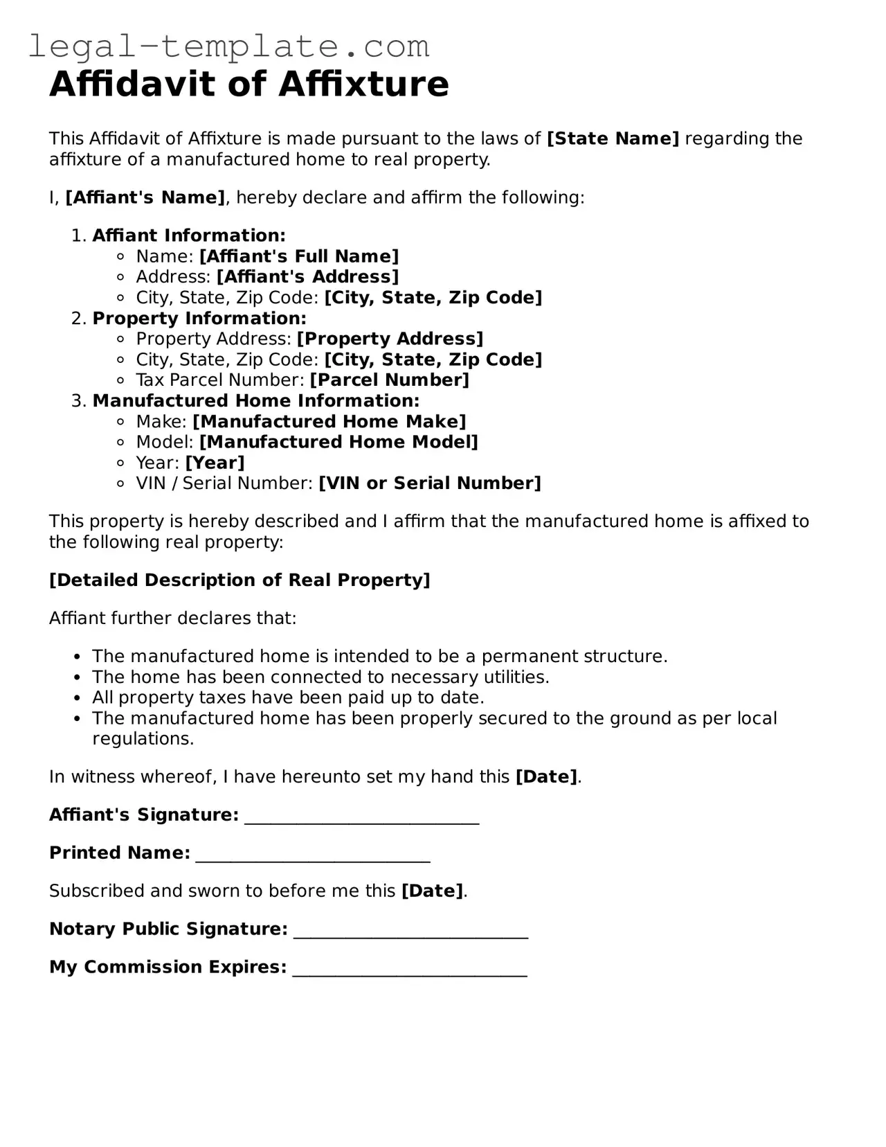 Printable Affidavit of Affixture Template