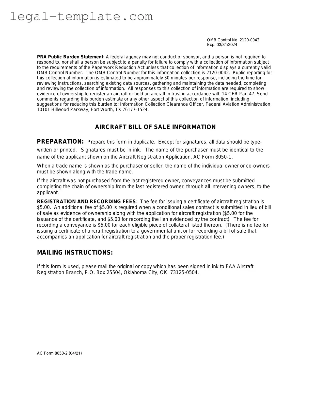 Free Aircraft Bill of Sale AC 8050-2 Template in PDF