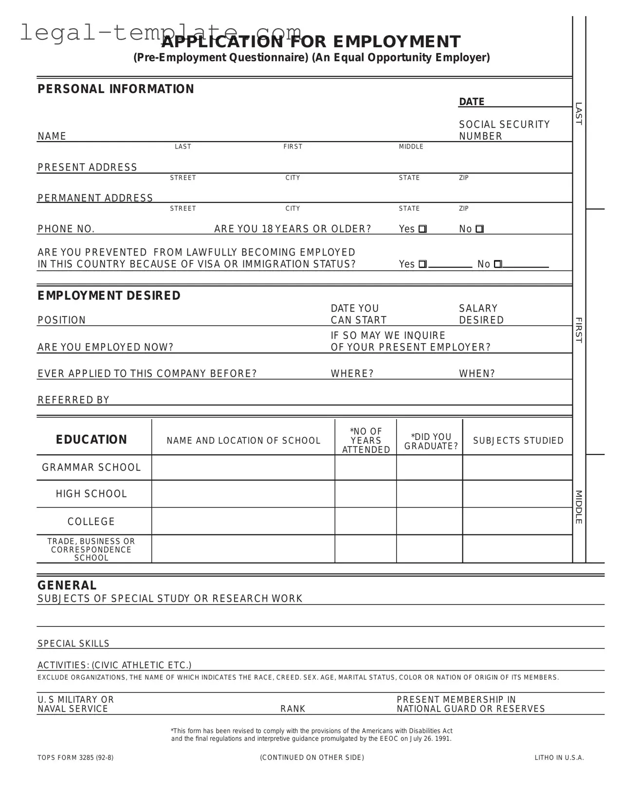 Free Employment Application Pdf Template in PDF