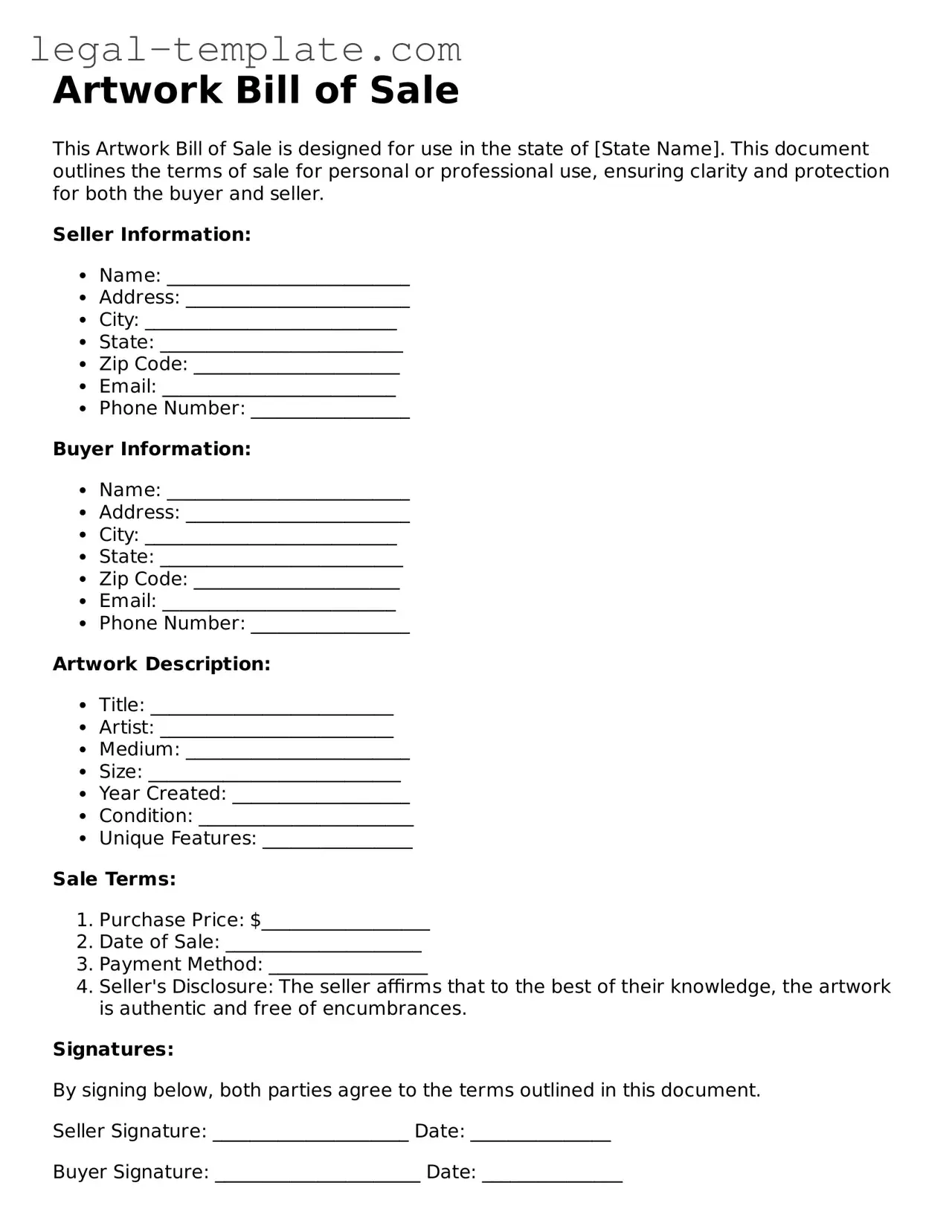 Printable Artwork Bill of Sale Template