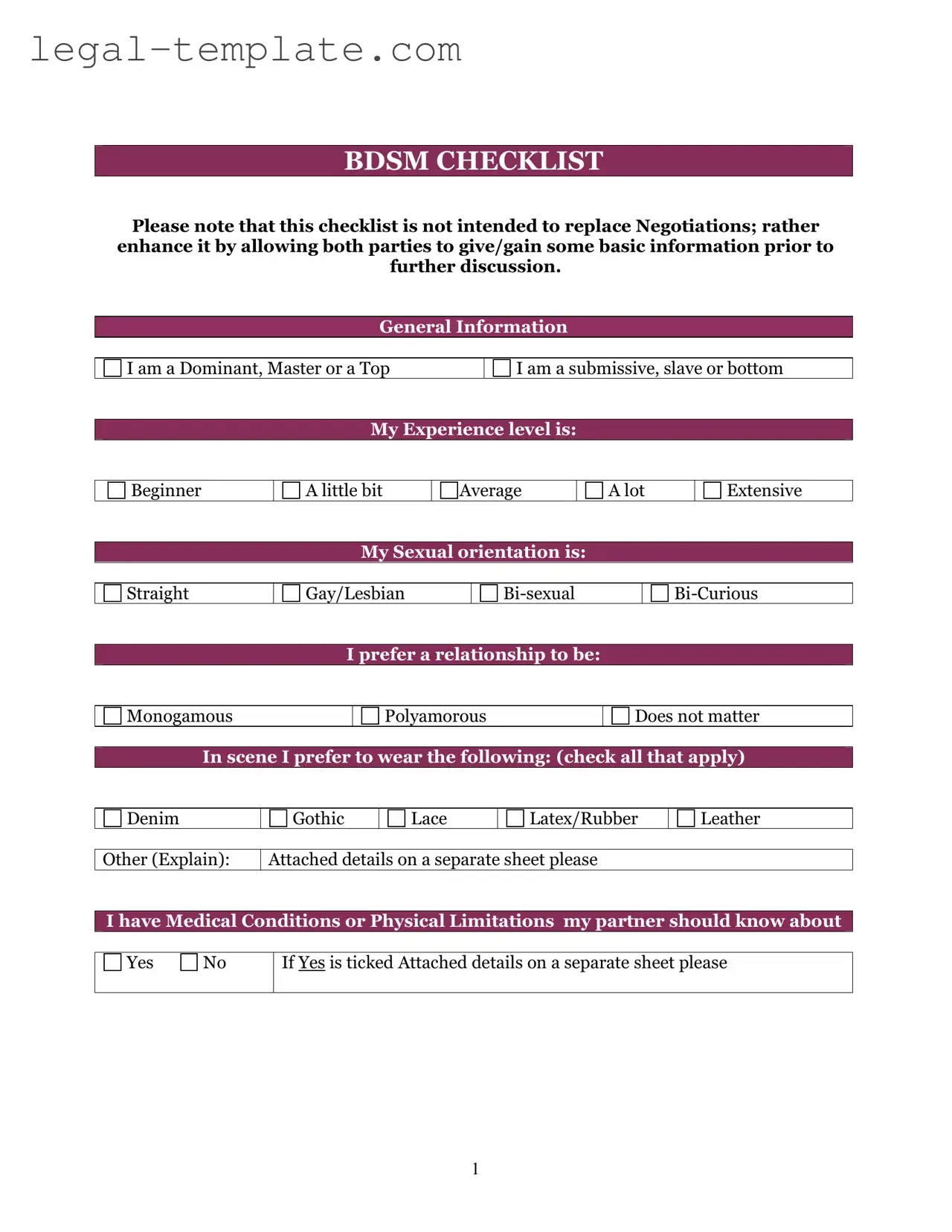 Free Bdsm Checklist Template in PDF