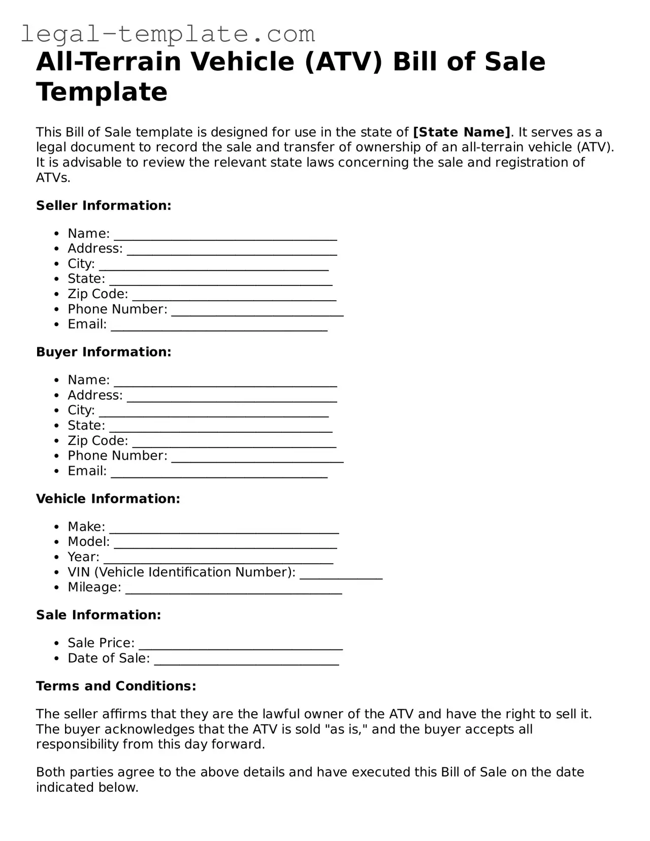 Printable ATV Bill of Sale Template