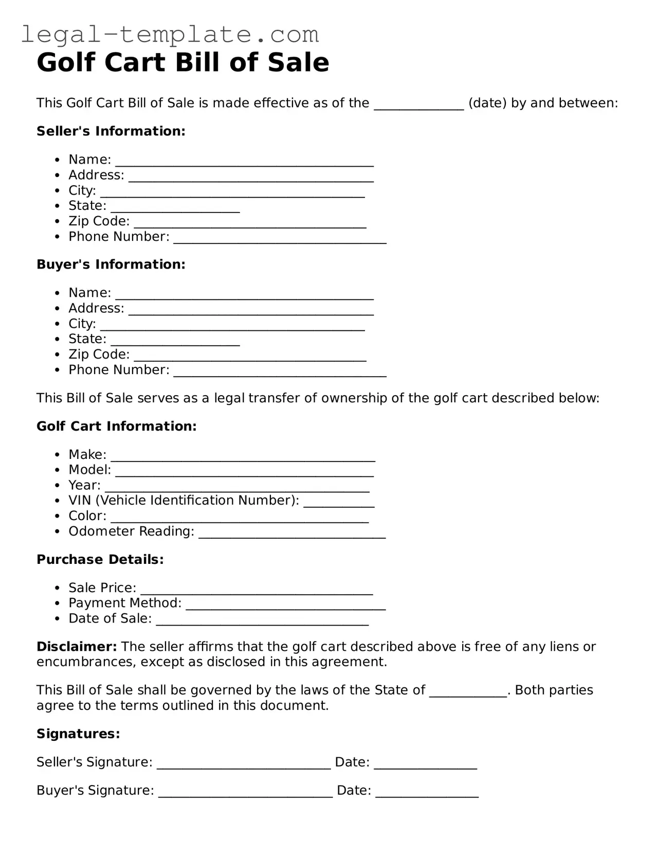 Printable Golf Cart Bill of Sale Template