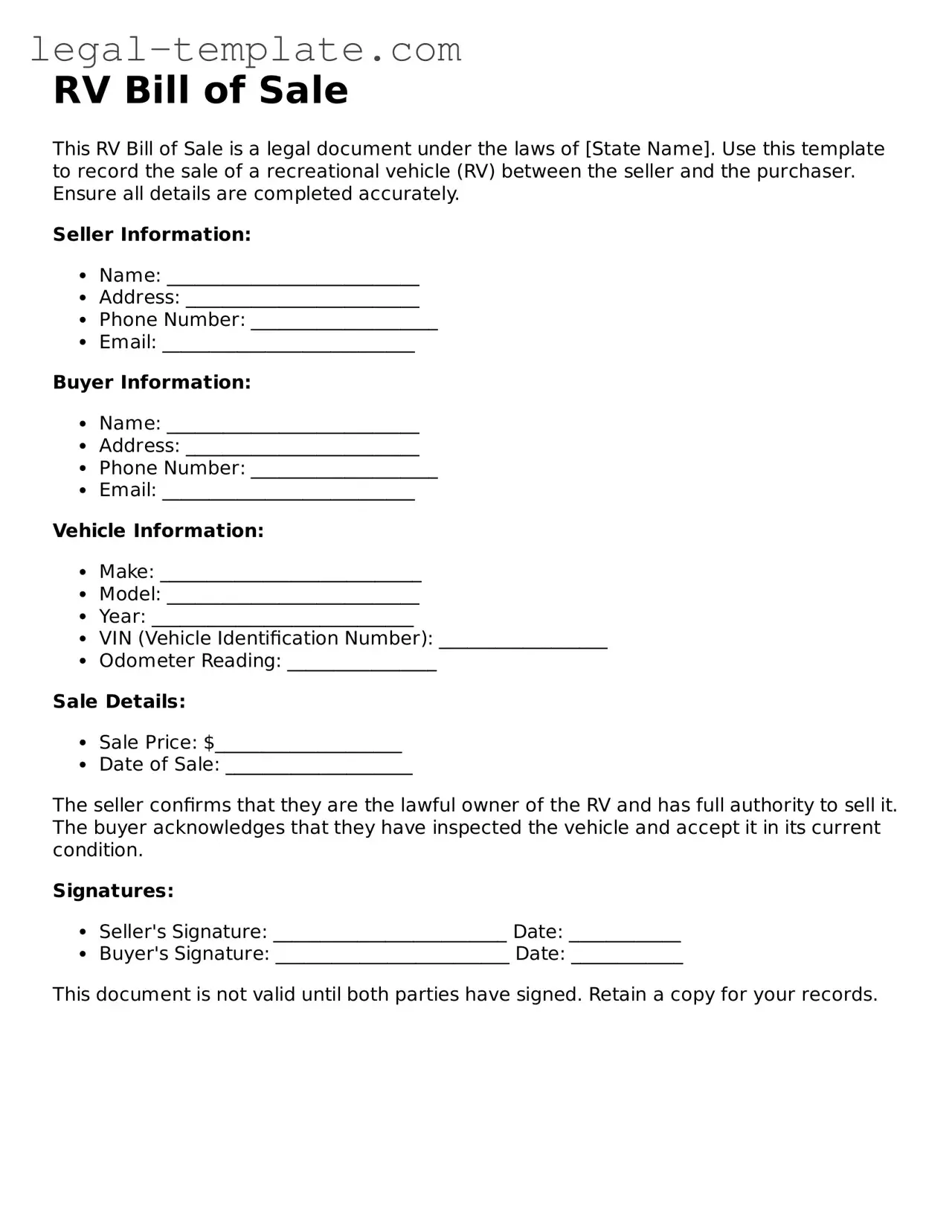 Printable RV Bill of Sale Template