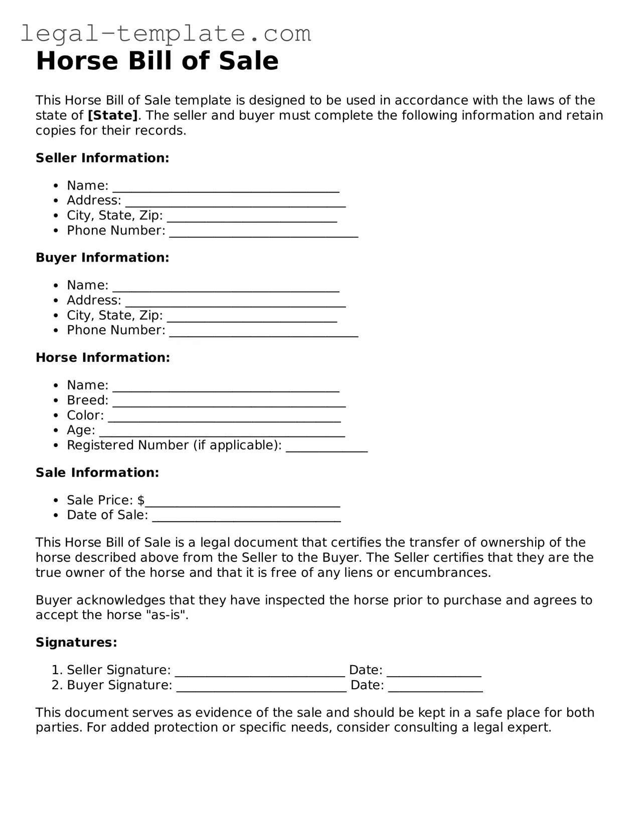 Printable Horse Bill of Sale Template