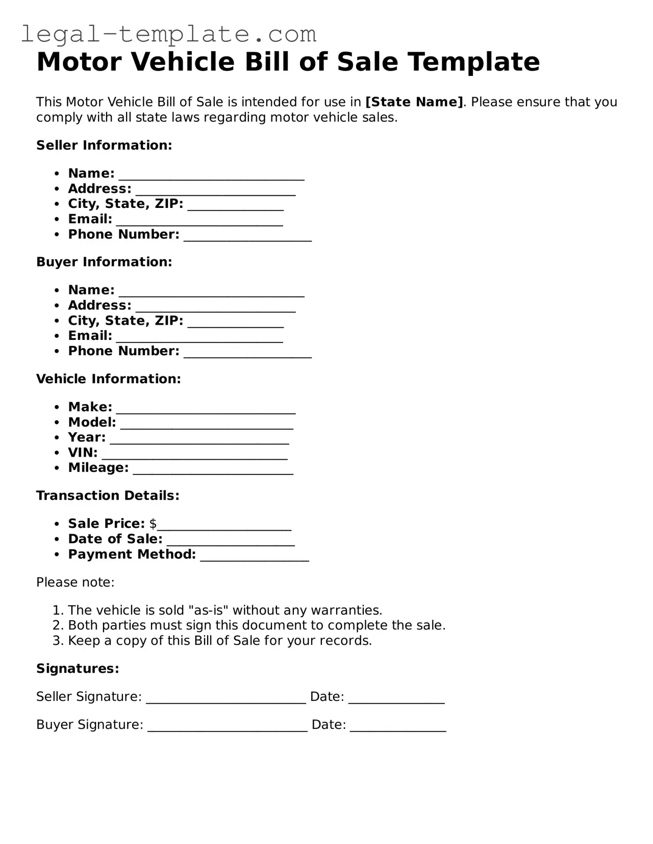 Printable Motor Vehicle Bill of Sale Template