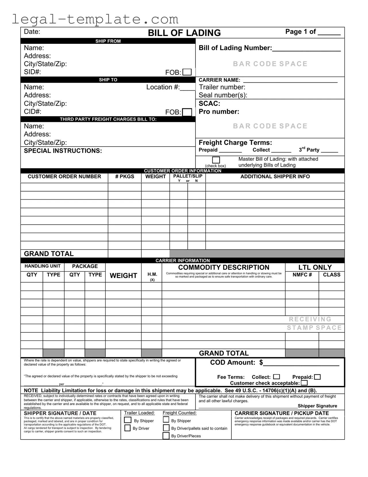 Free Bill of Lading with a Supplement Template in PDF