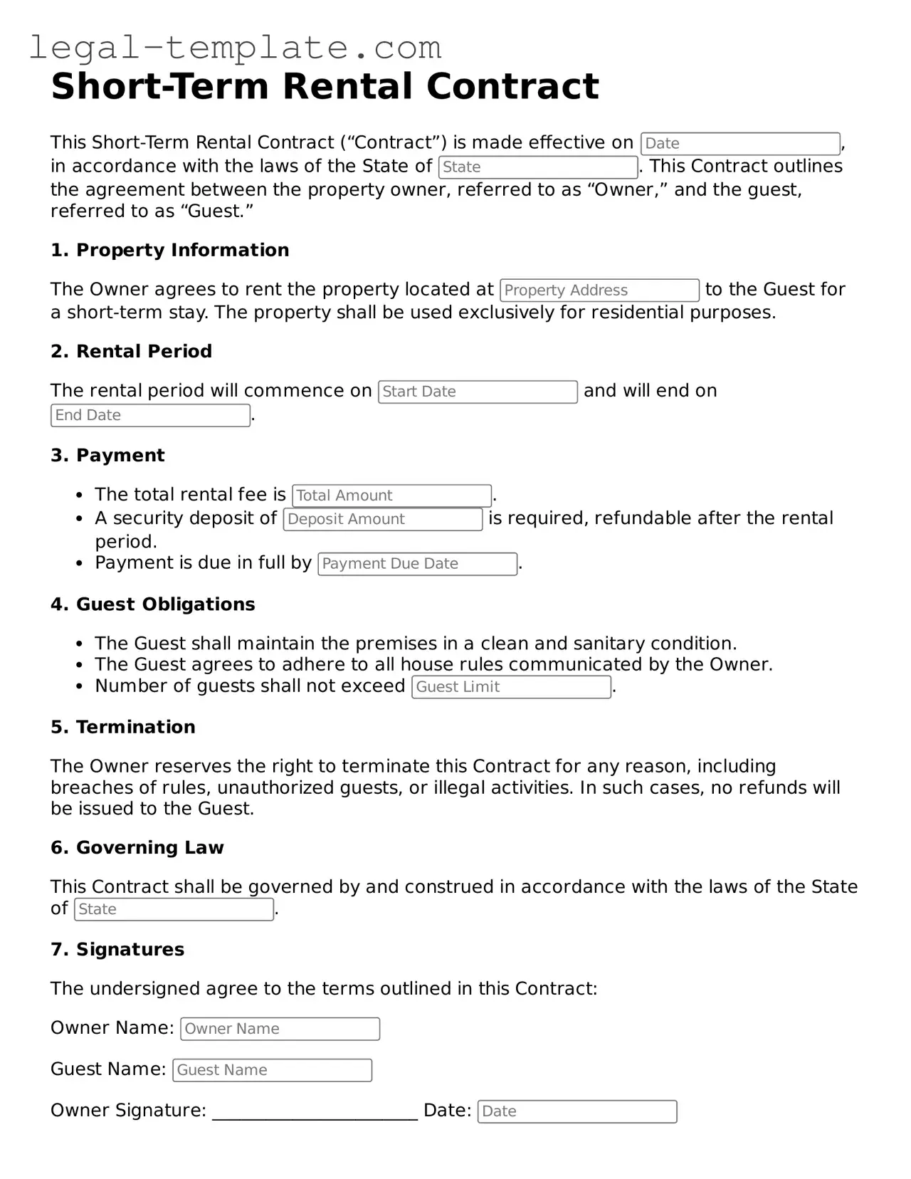 Printable Short-Term Rental Contract Template