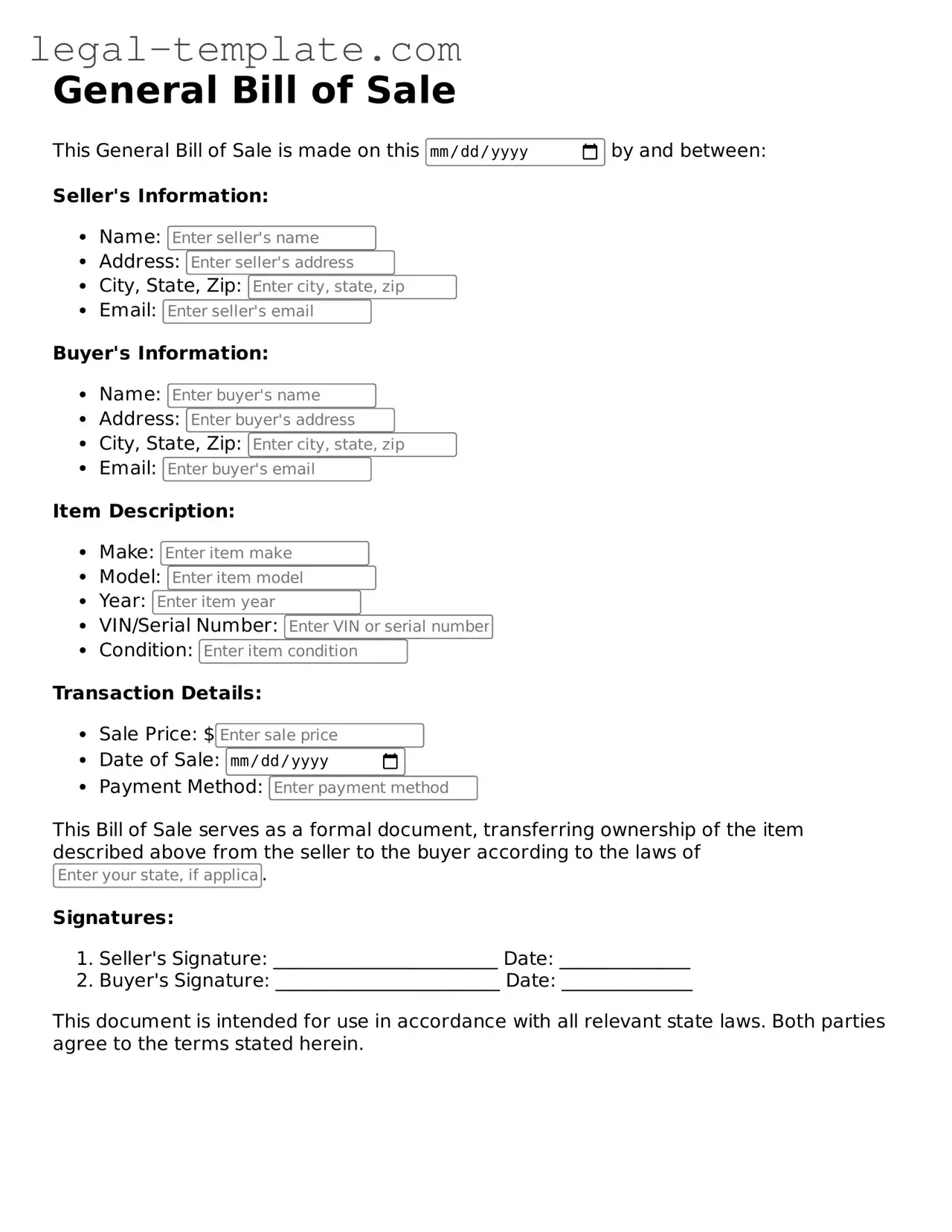 Printable General Bill of Sale Template