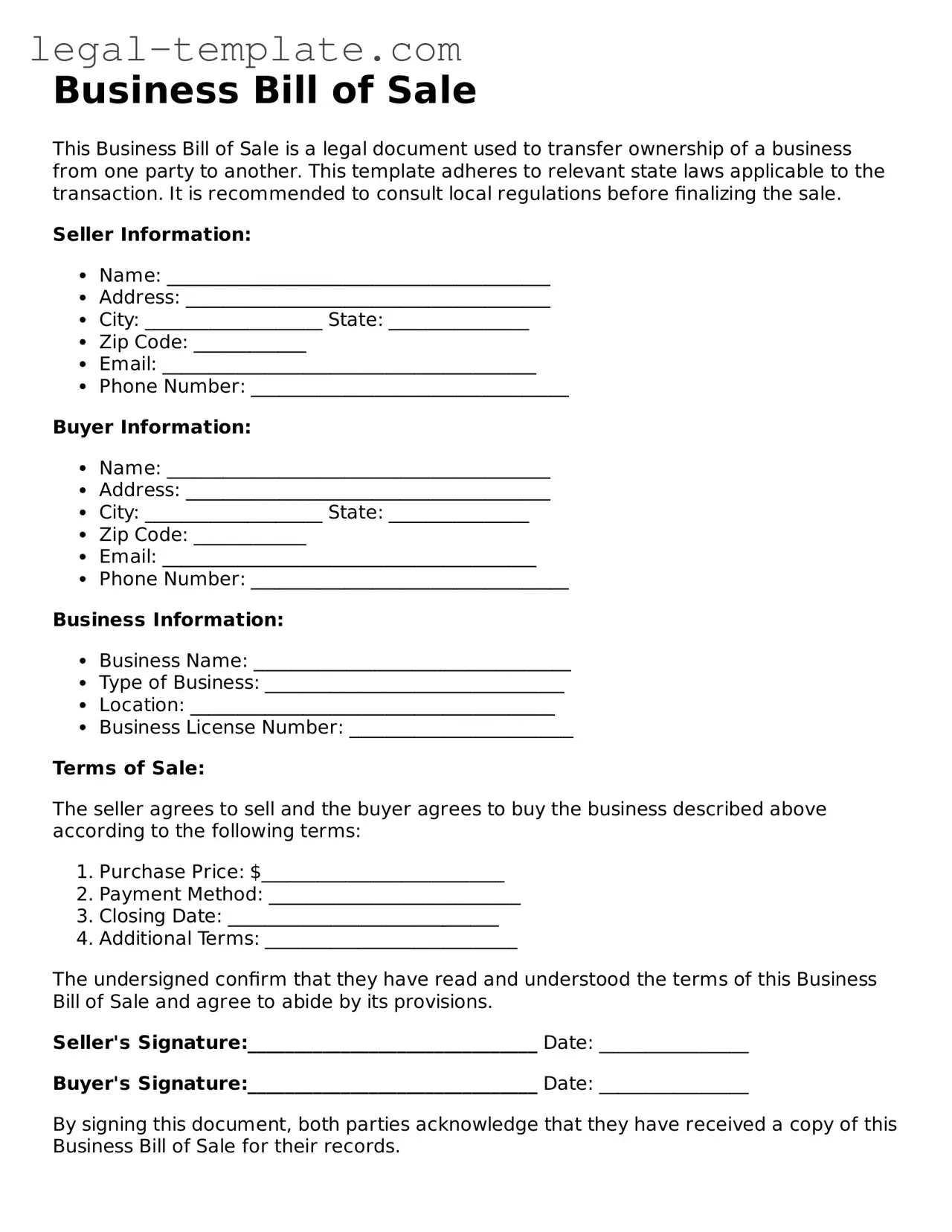 Printable Business Bill of Sale Template