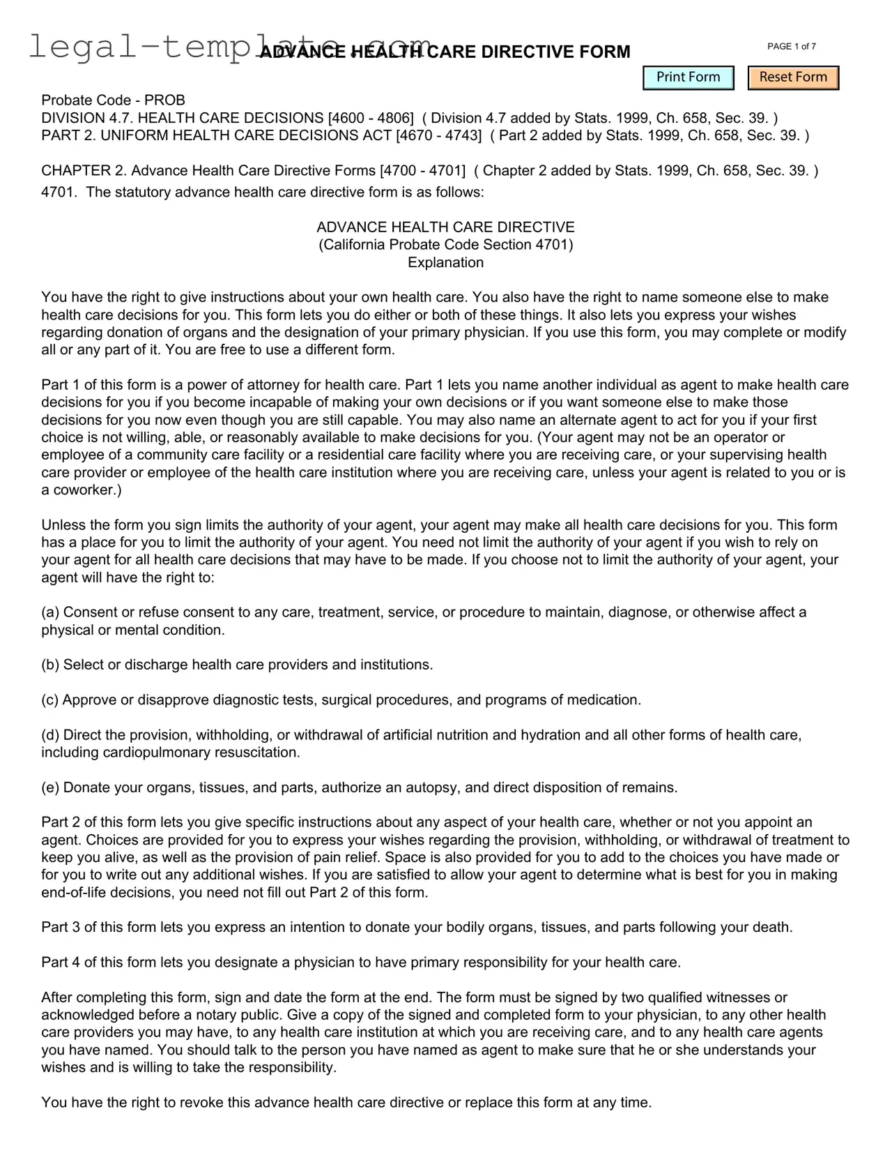 Free California Advanced Health Care Directive Template in PDF