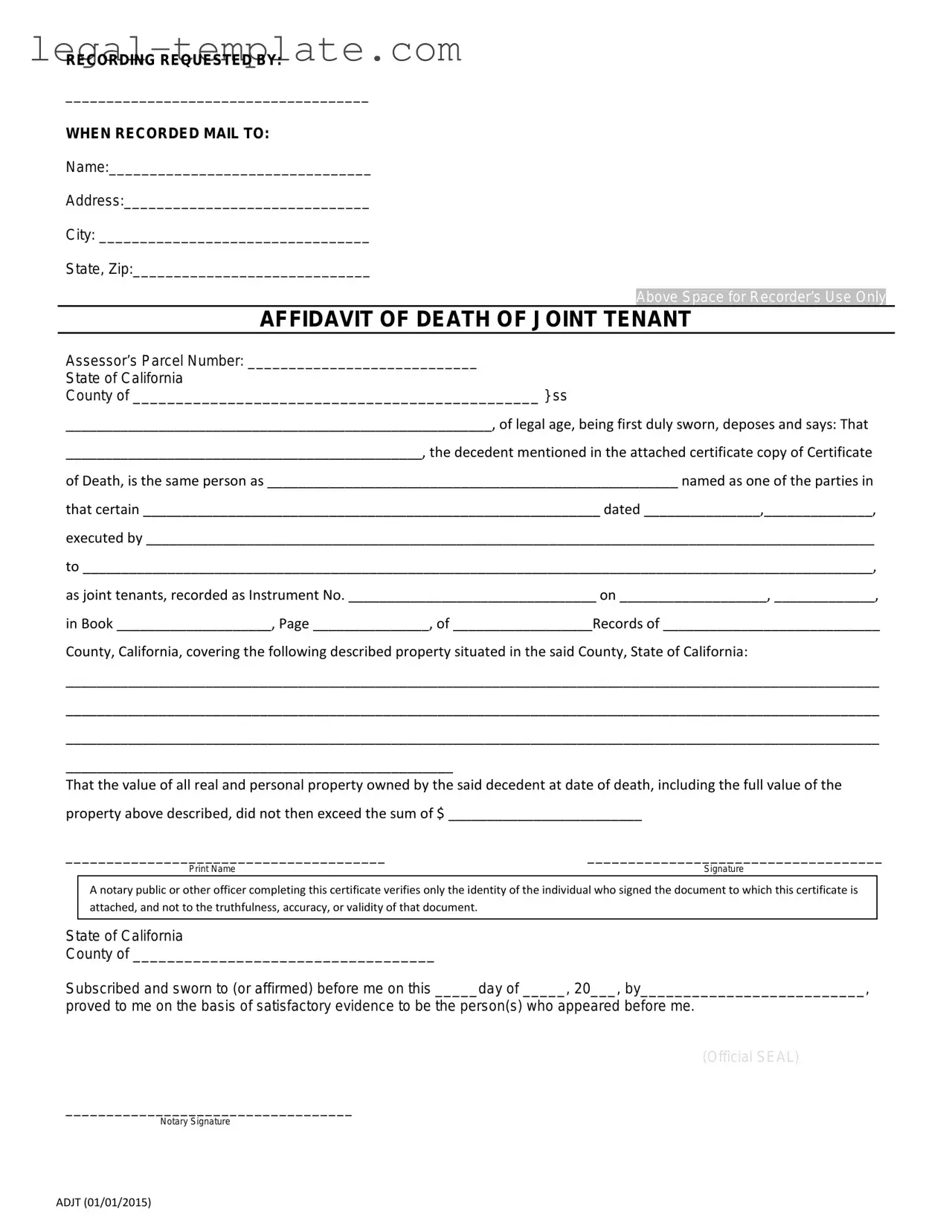 Free California Death of a Joint Tenant Affidavit Template in PDF