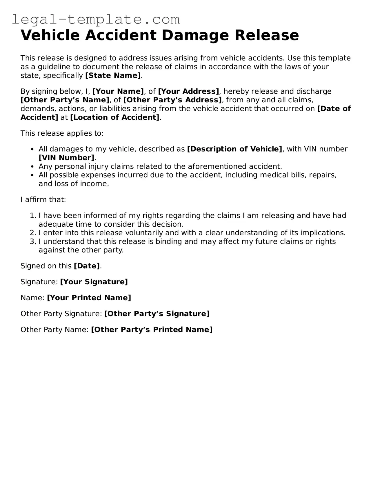 Printable Vehicle Accident Damage Release Template
