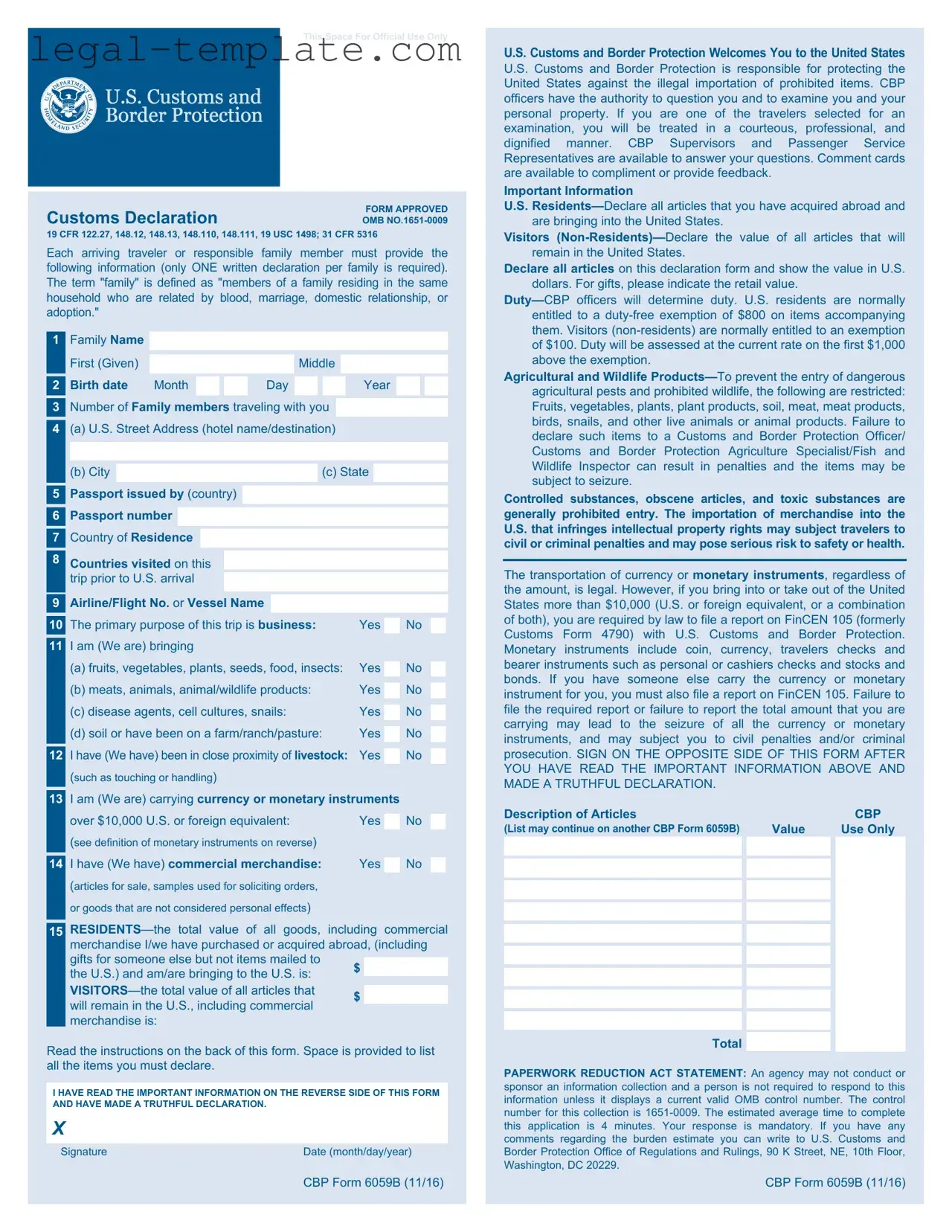 Free CBP 6059B Template in PDF