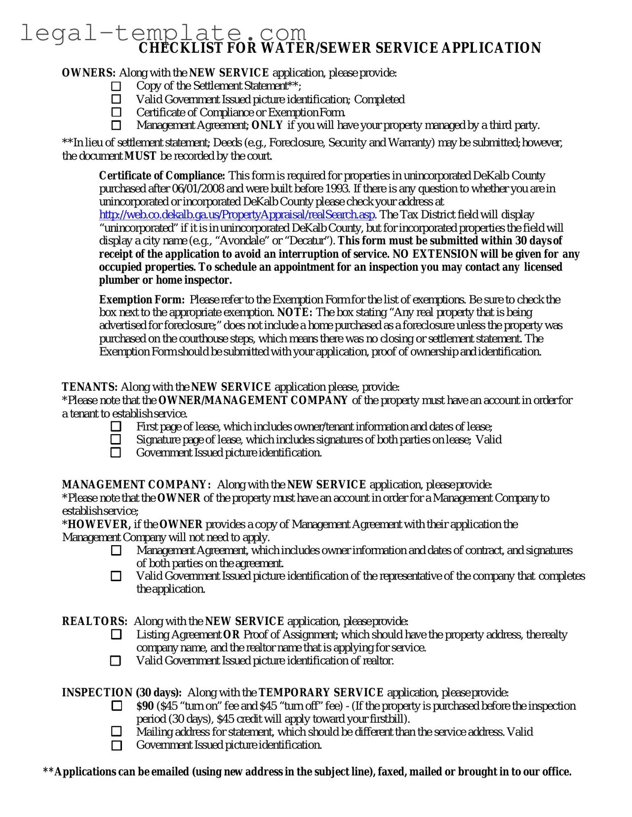 Free Dekalb County Water Application Template in PDF