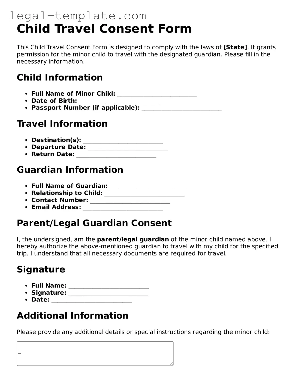 Printable Child Travel Consent Form Template