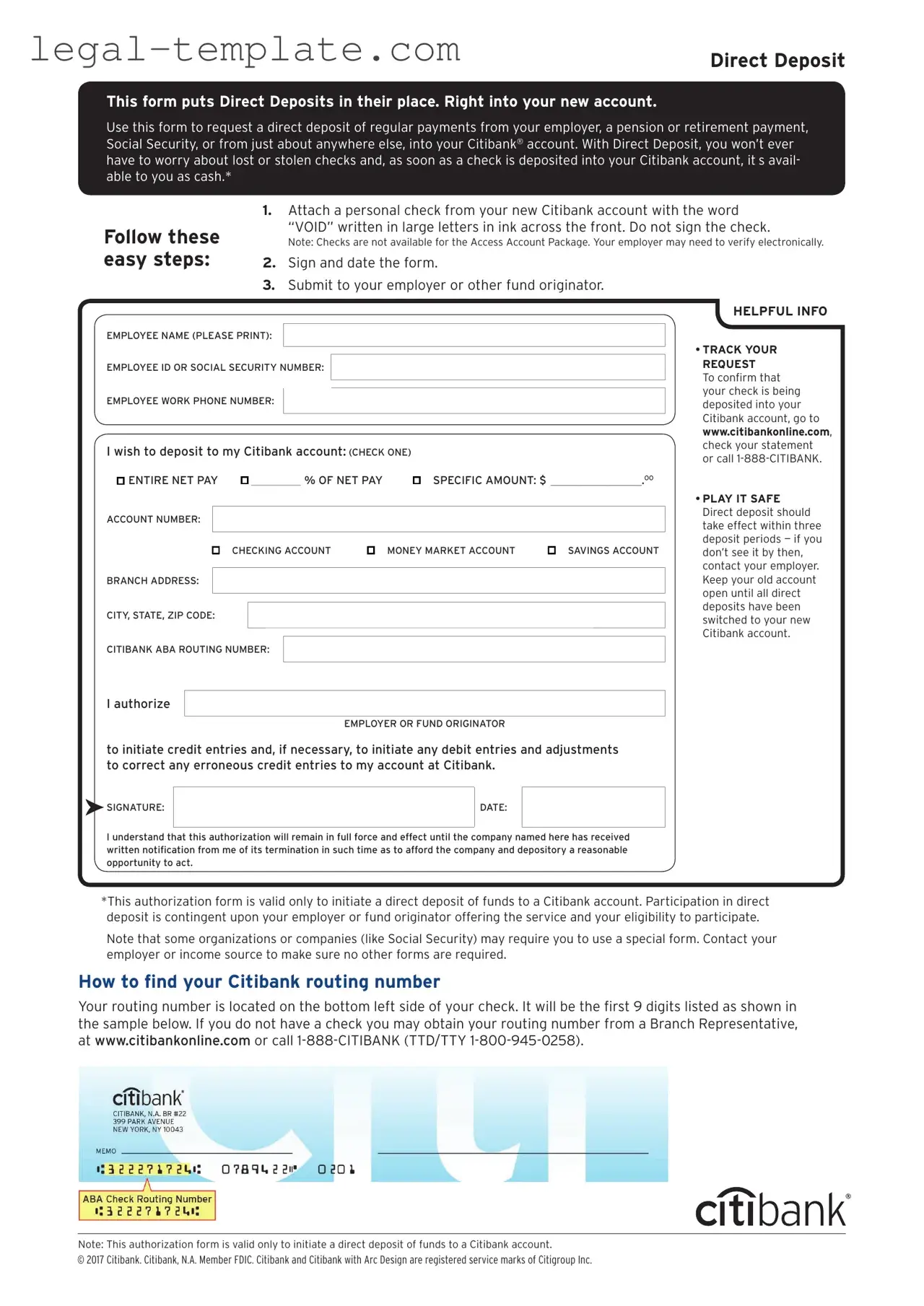 Free Citibank Direct Deposit Template in PDF