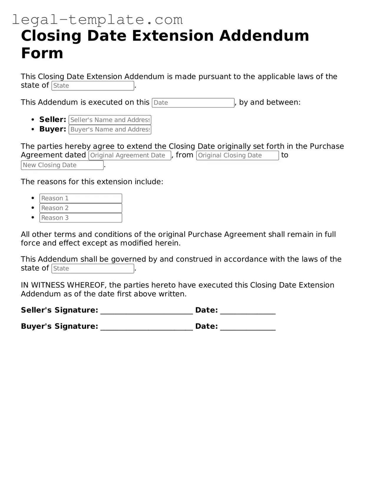 Printable Closing Date Extension Addendum Form Template