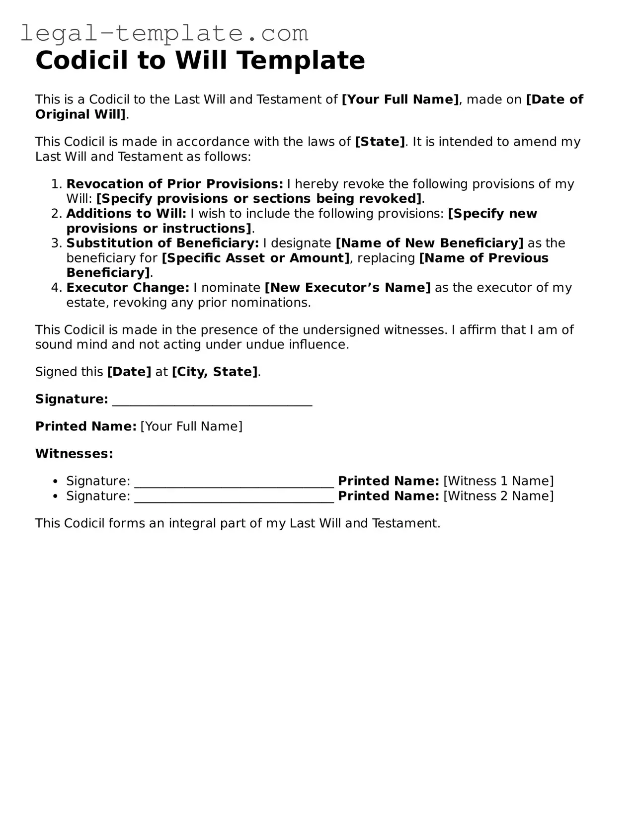 Printable Codicil to Will Template