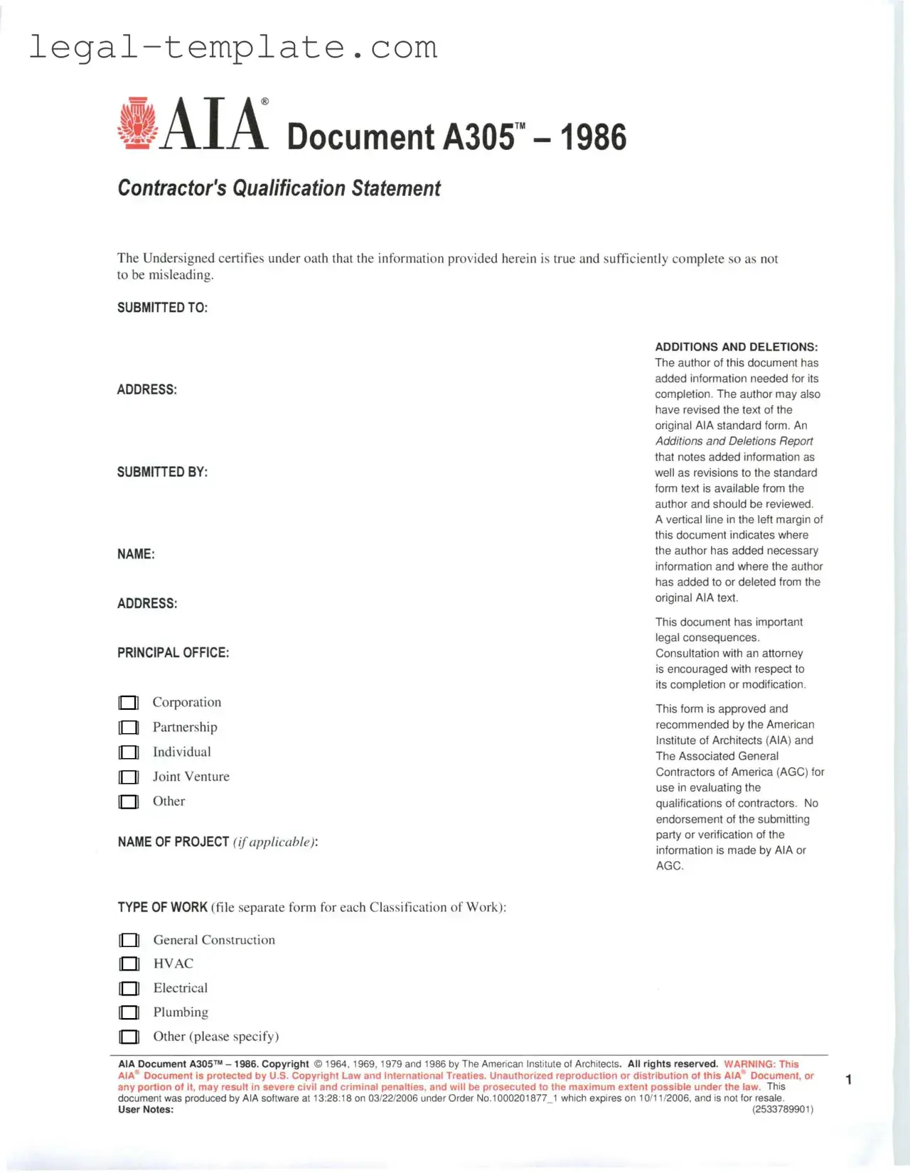 Free AIA A305 Template in PDF