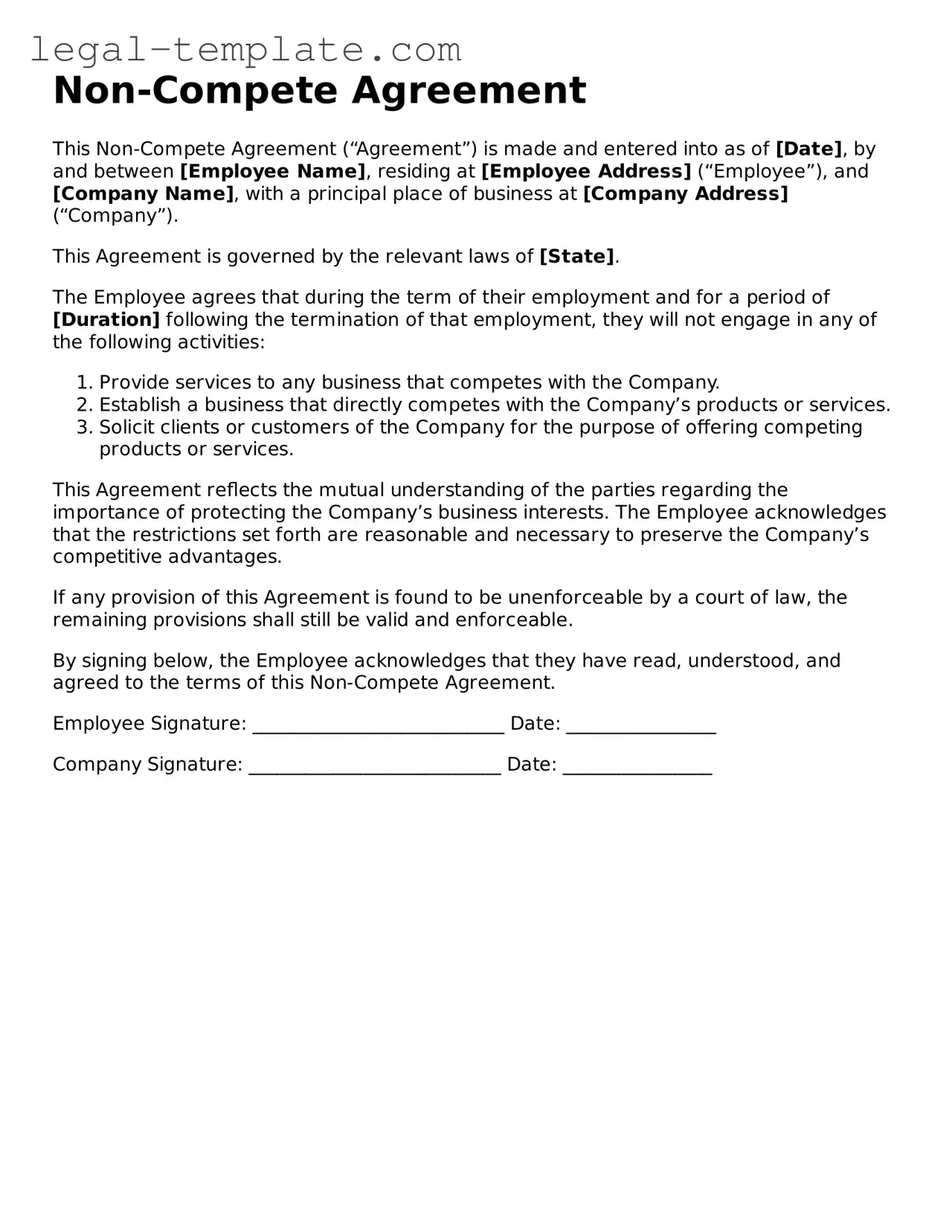 Printable Non-compete Agreement Template