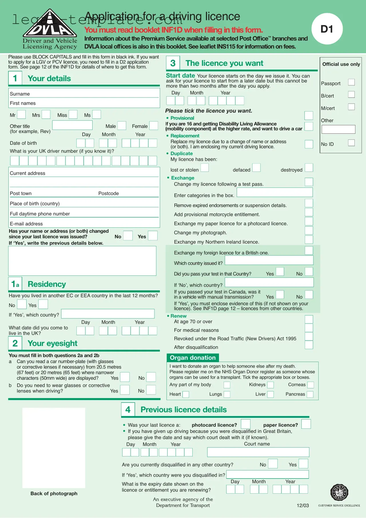 Free D1 Dvla Template in PDF