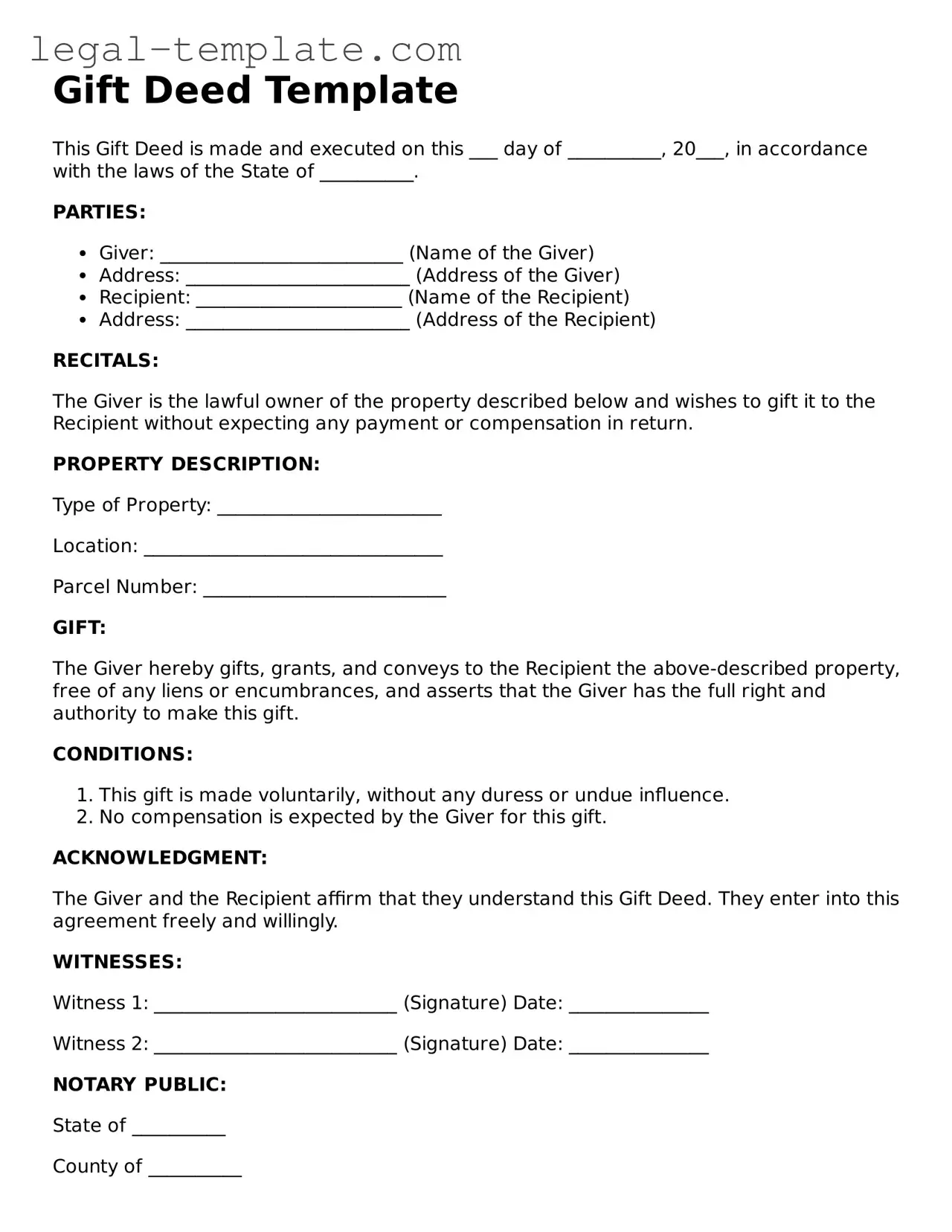 Printable Gift Deed Template