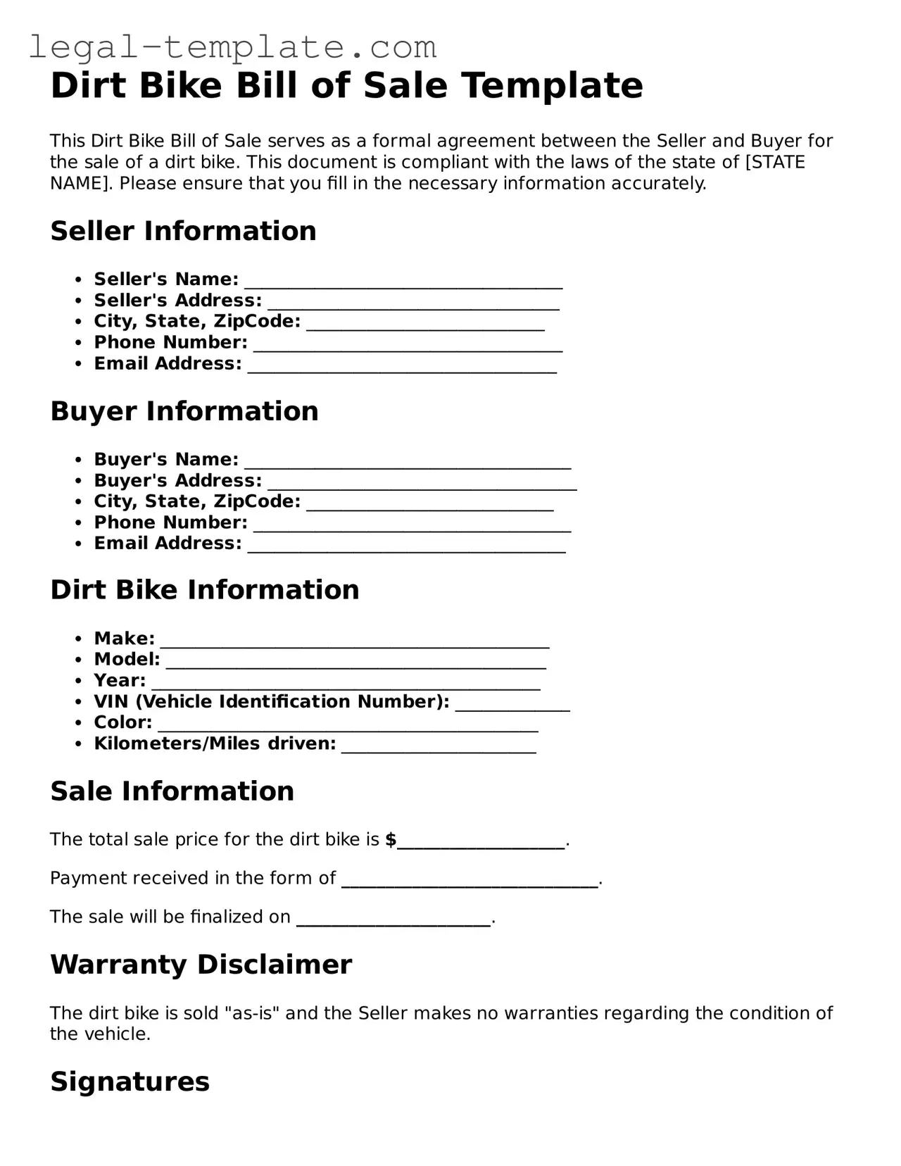 Printable Dirt Bike Bill of Sale Template