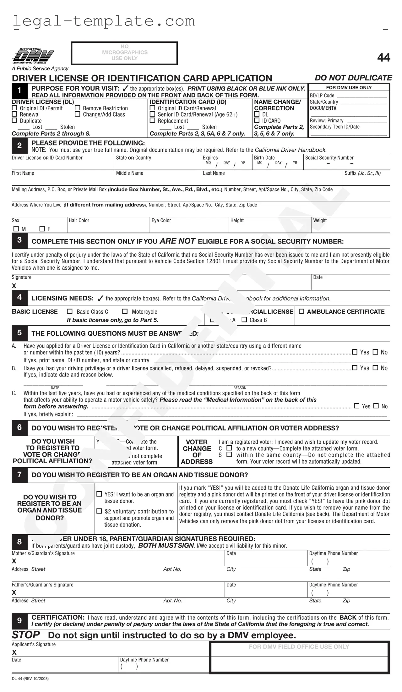 Free Ca Dmv Dl 44 Template in PDF