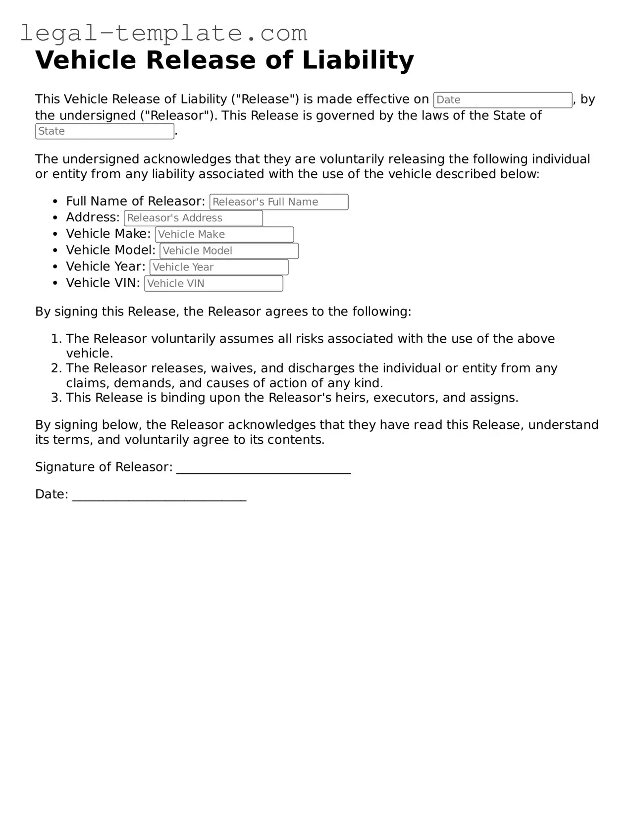 Printable Vehicle Release of Liability Template