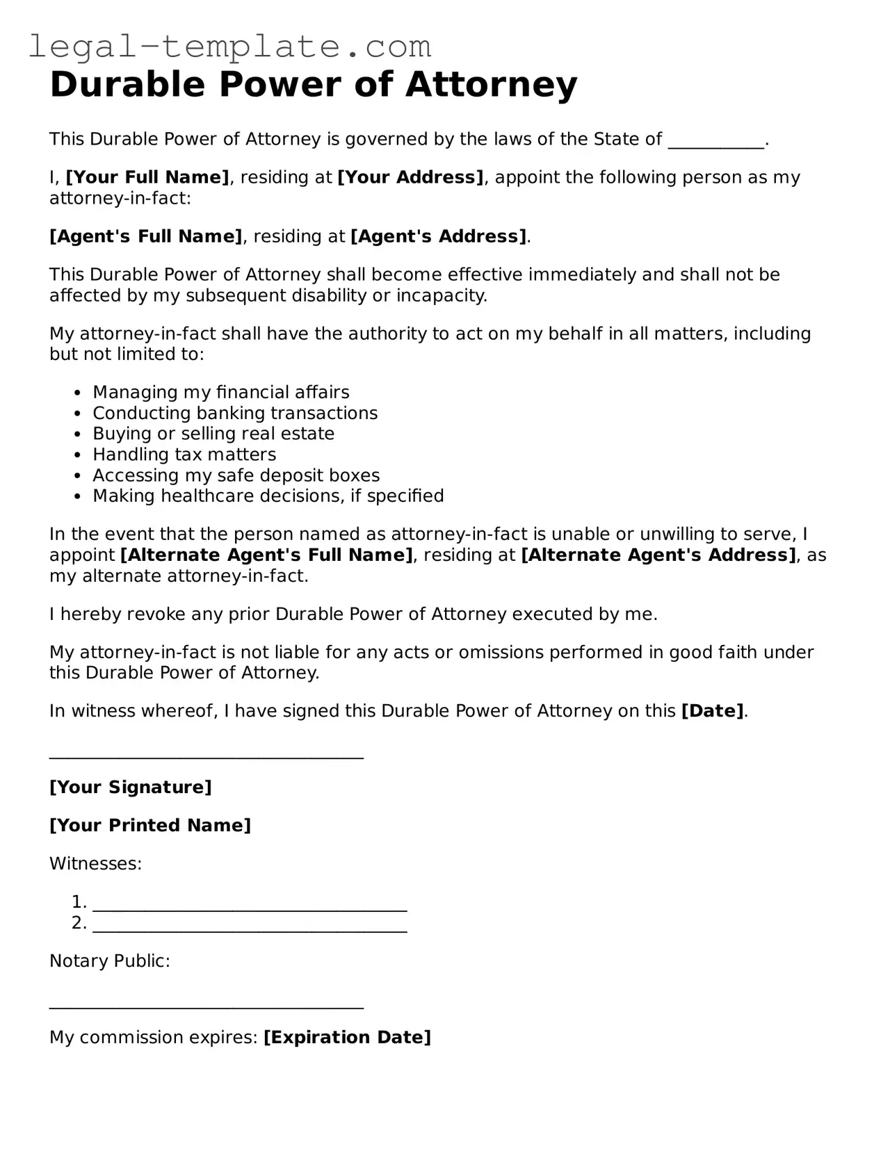 Printable Durable Power of Attorney Template