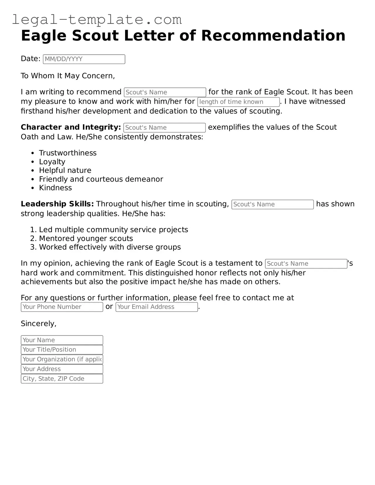 Printable Eagle Scout Letter of Recommendation Template