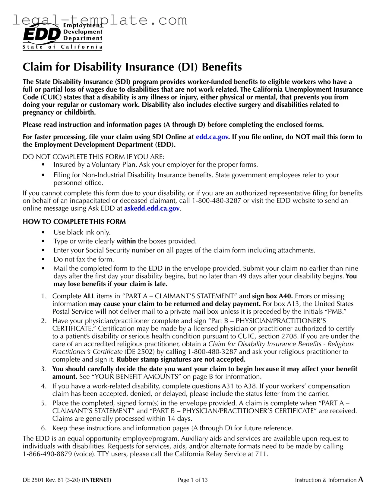 Free EDD DE 2501 Template in PDF