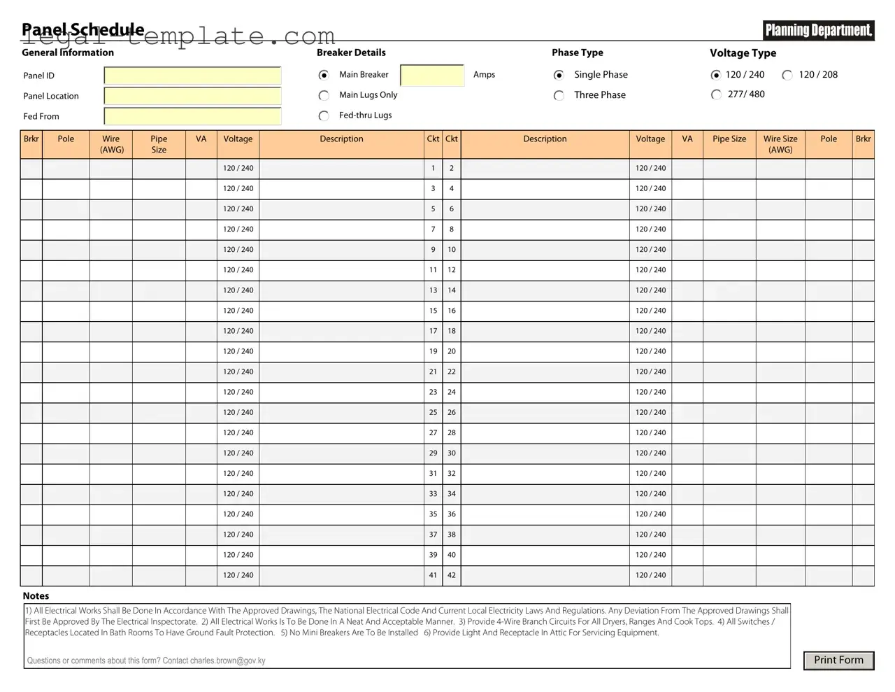 Free Electrical Panel Schedule Template in PDF