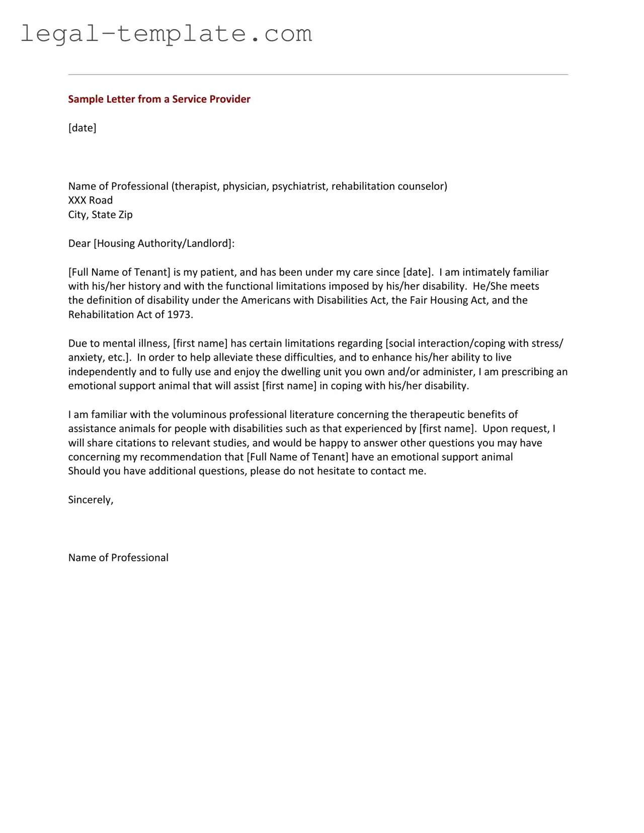 Free Emotional Support Animal Letter Template in PDF