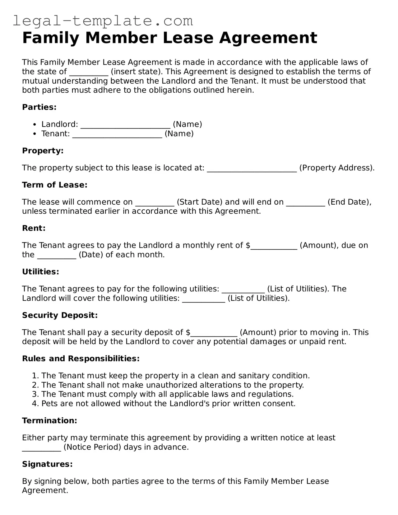 Printable Family Member Lease Agreement Template