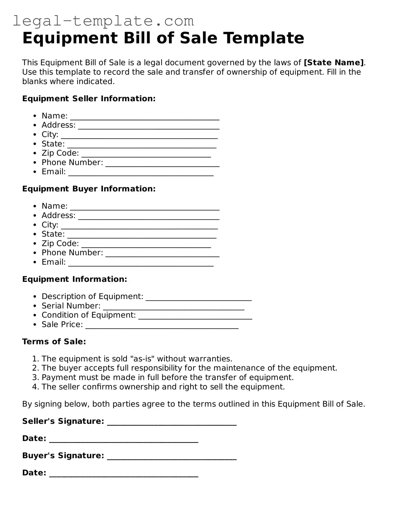 Printable Equipment Bill of Sale Template