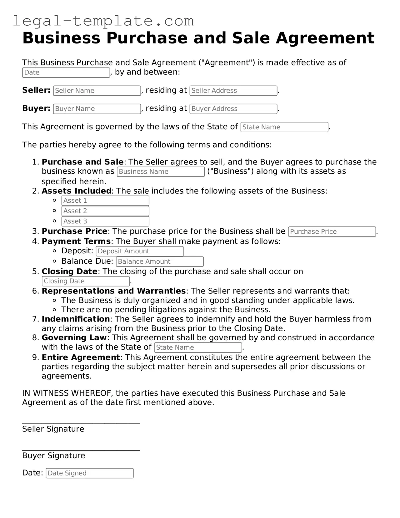 Printable Business Purchase and Sale Agreement Template