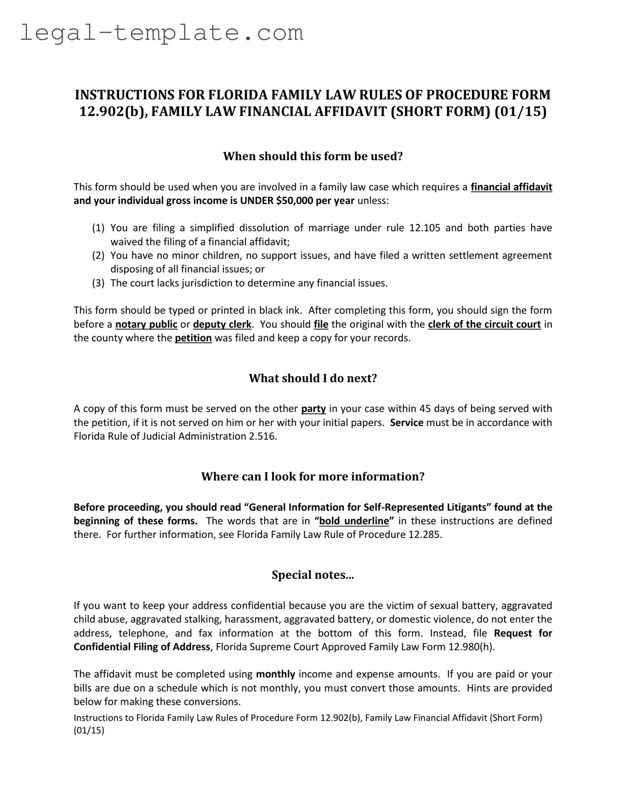 Free Florida Financial Affidavit Short 12.902(b) Template in PDF