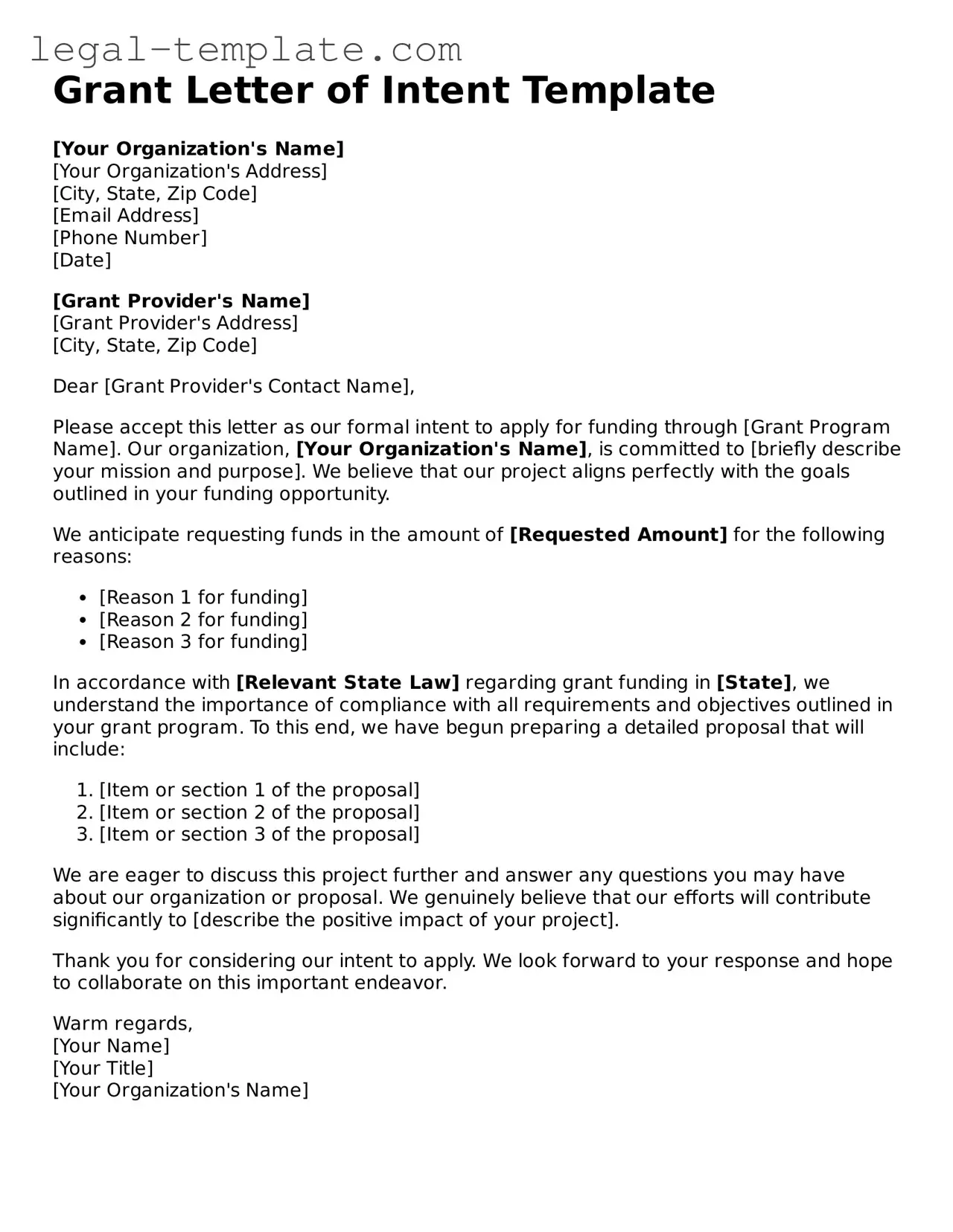Printable Grant Letter of Intent Template