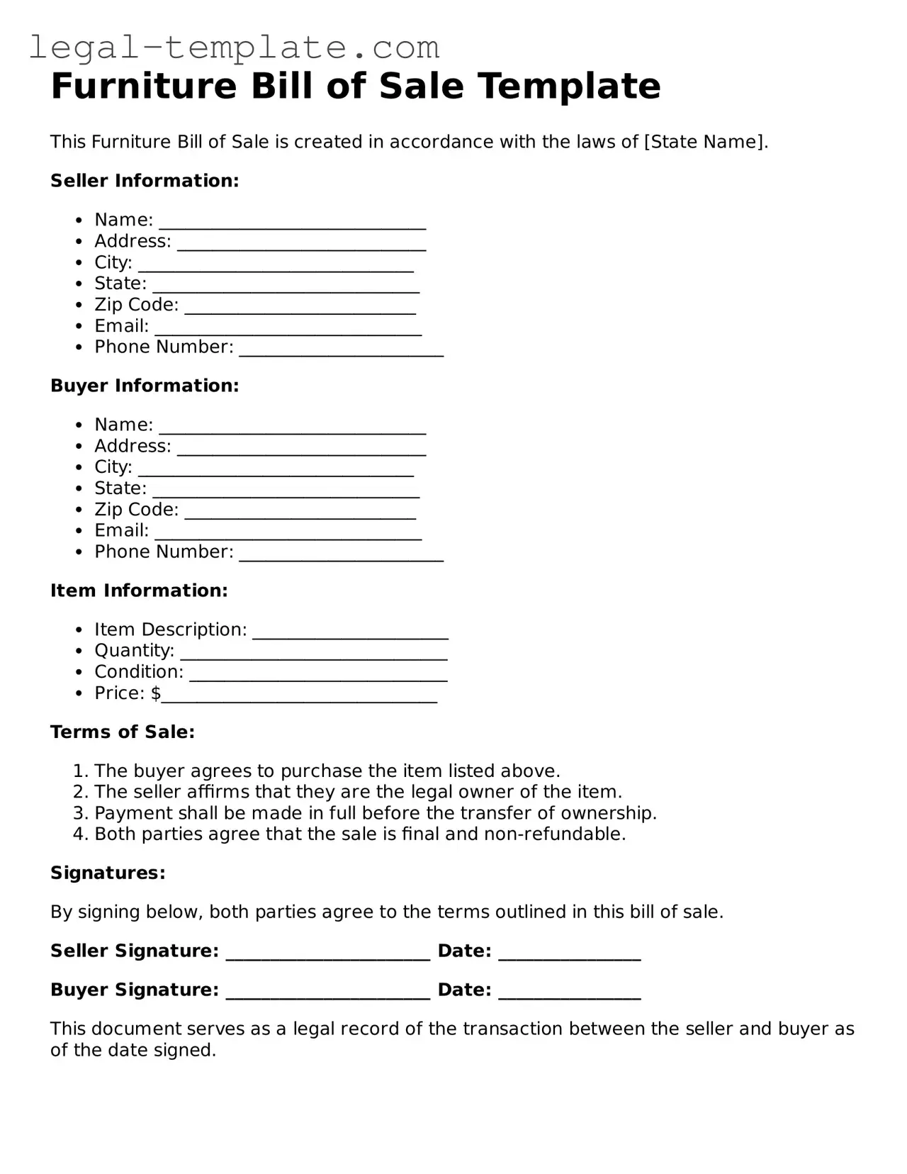 Printable Furniture Bill of Sale Template