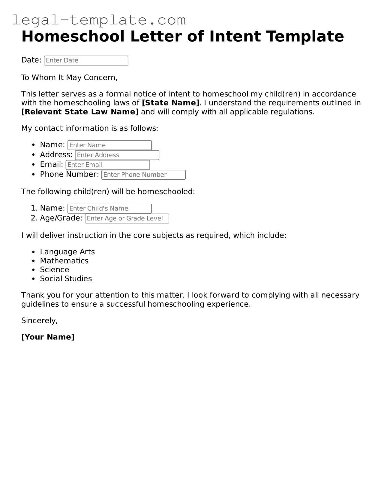 Printable Homeschool Letter of Intent Template