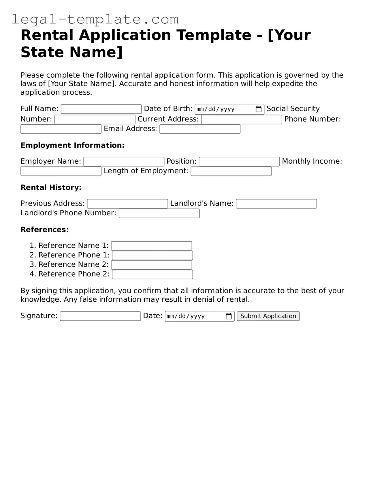 Printable Rental Application Template