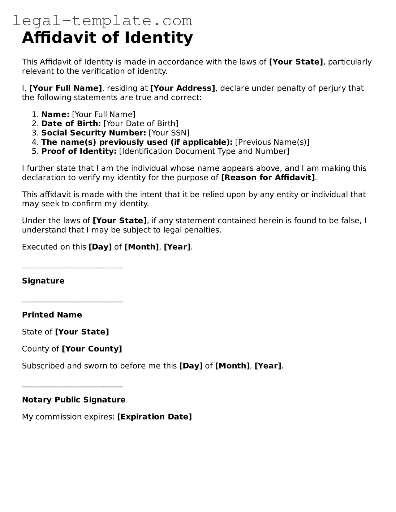 Printable Affidavit of Identity Template