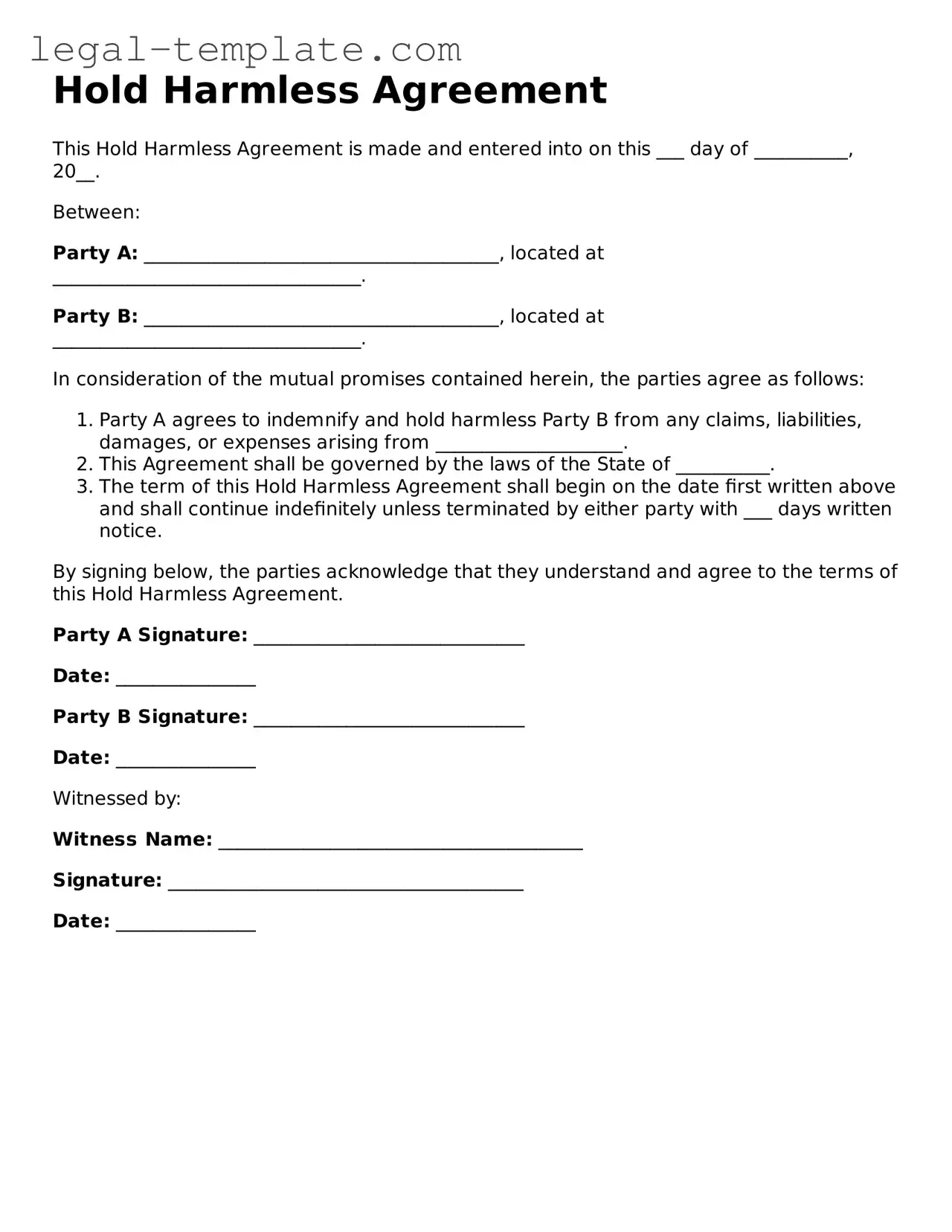 Printable Hold Harmless Agreement Template