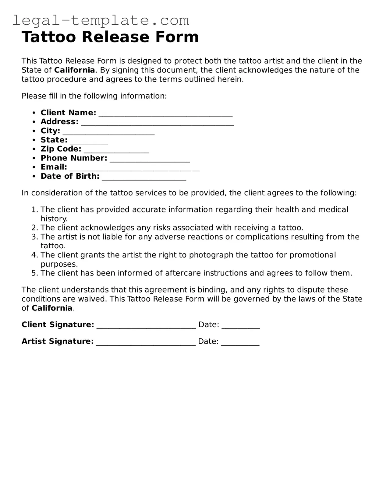 Printable Tattoo Release Template
