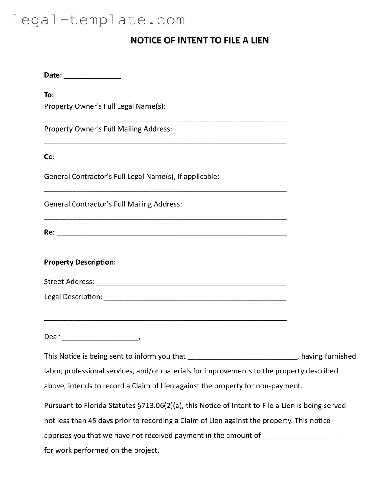 Free Intent To Lien Florida Template in PDF