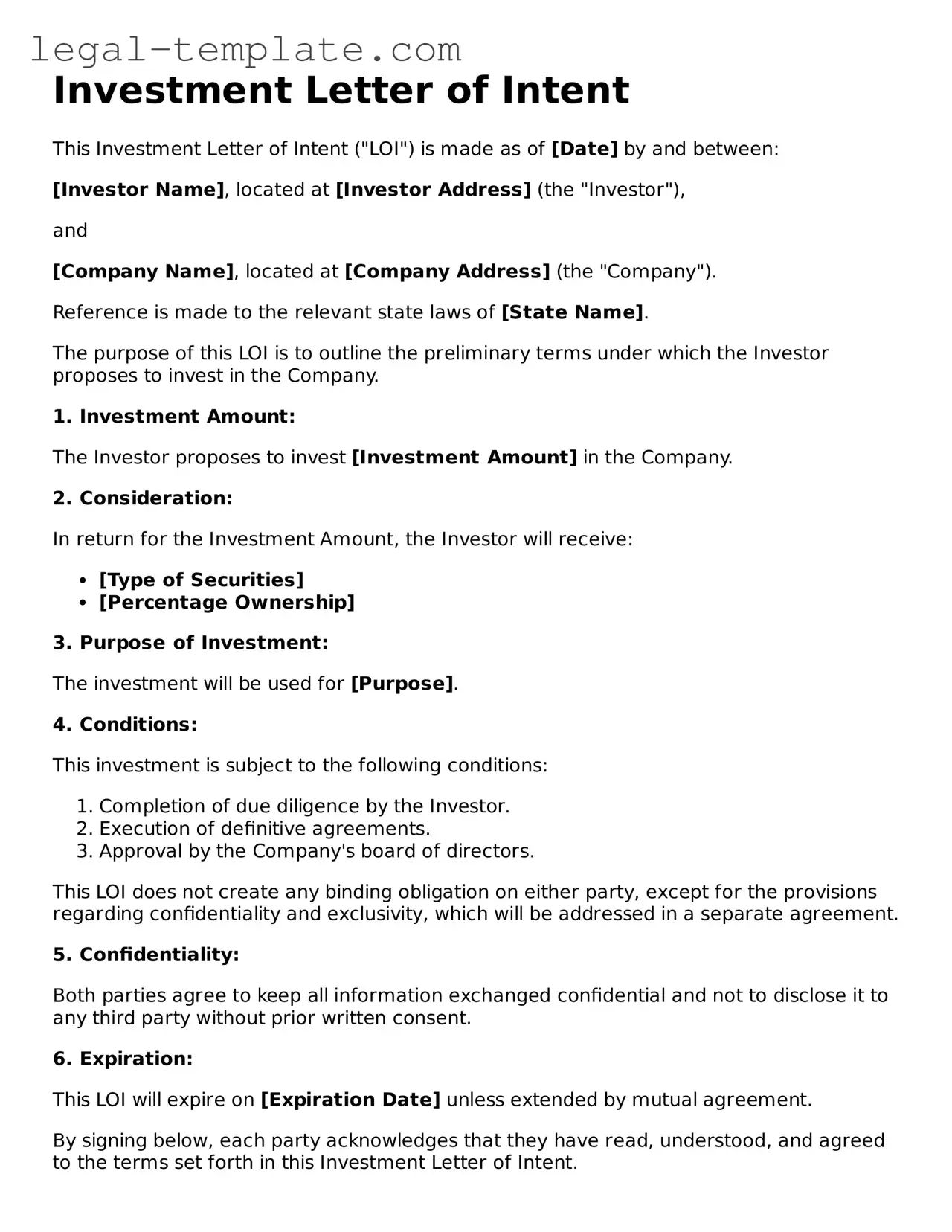 Printable Investment Letter of Intent Template